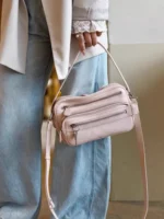 Female New Office Zipper Handbag Casual Genuine Leather Single Shoulder Bag Women Solid Color Cowskin Messenger Underarm Bag - Image 2