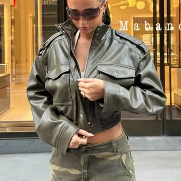 HH Women Faux Leather Cropped Jacket vintage Bomber Jackets With Pockets Long Sleeve Coats Zipper Overcoat Jacket For Woman