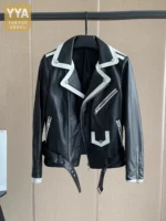 Women Short Real Leather Biker Jacket Streetwear Slim Sheepskin Coat Elegant Office Zipper Full Sleeve Ladies Outerwear M-3XL