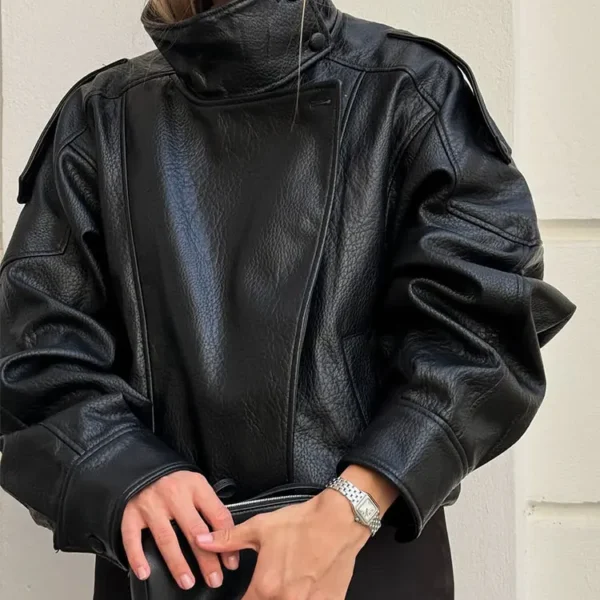 HH Autumn Faux Leather Jacket For Women Casual Solid Long Sleeve Zipper Pu Leather Coats New Fashion Female Streetwear